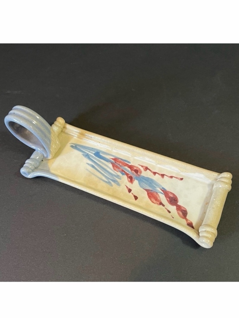 Art Pottery Butter Stick Dish Tray Handled Glazed Rolled Loop Incense Pottery
